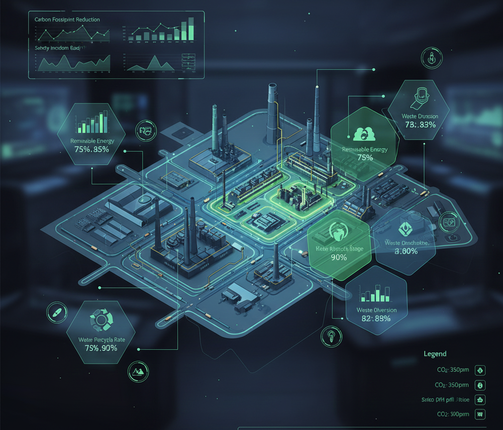 Mapa infográfico que combina datos de sensores y métricas ESG para un complejo industrial