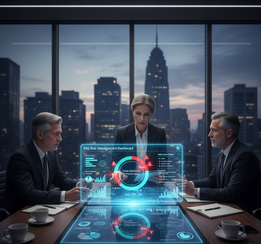 Directivos revisando un tablero ESG con alertas de riesgo y planes de acción