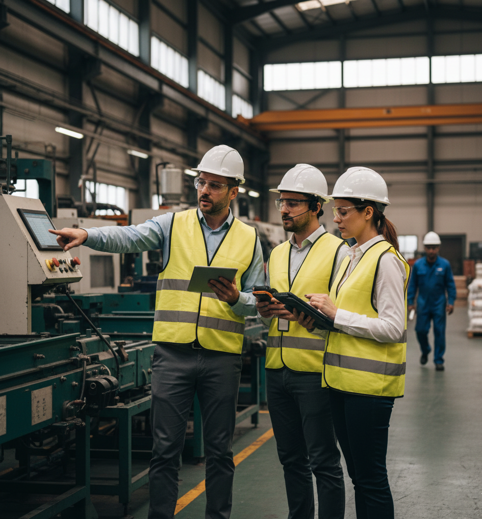 Consultores recorriendo una planta industrial para recolectar datos de auditoría ESG