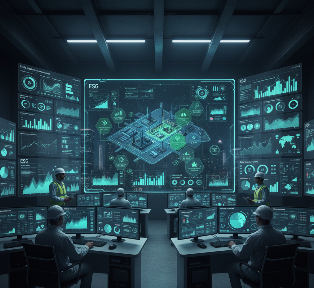 Pantallas con tableros ESG en un centro de control de operaciones industriales